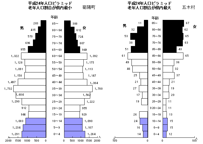 平成24年人口ピラミッド(老年人口割合が県内最小の菊陽町と、県内最大の五木村)