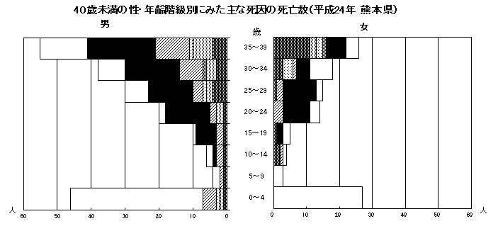 40歳未満の性・年齢階級別にみた主な死因の死亡数(平成24年熊本県)