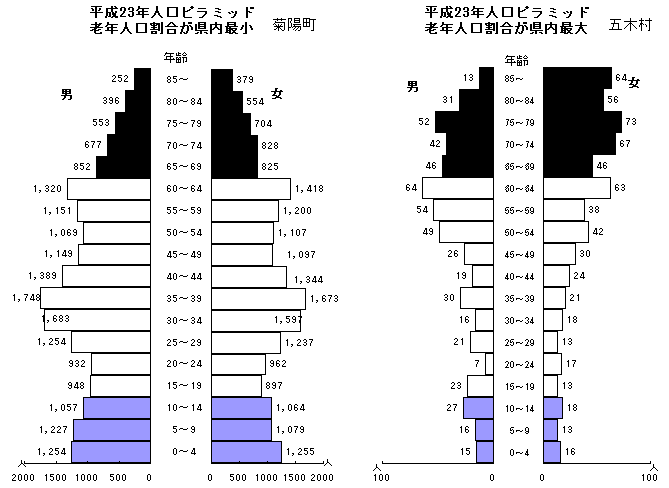 平成23年人口ピラミッド(老年人口割合が県内最小の菊陽町と、県内最大の五木村)