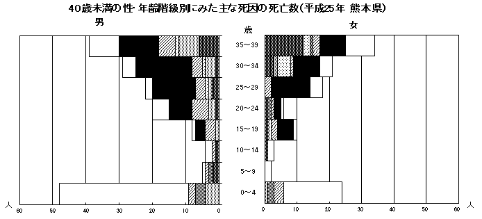 40歳未満の性・年齢階級別にみた主な死因の死亡数(平成25年 熊本県) 40歳未満の性・年齢階級別にみた主な死因の死亡数(平成25年 熊本県)
