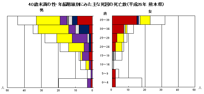 40歳未満の性・年齢階級別にみた主な死因の死亡数(平成26年 熊本県) 40歳未満の性・年齢階級別にみた主な死因の死亡数(平成26年 熊本県)