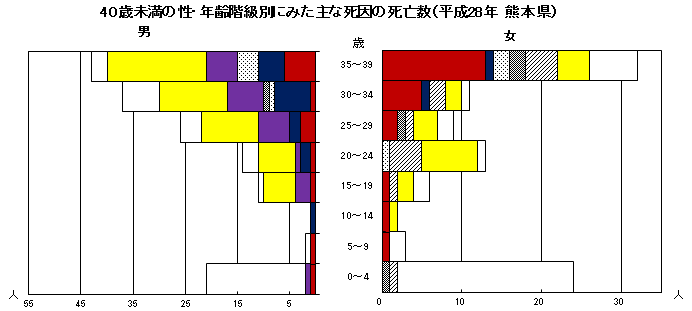 40歳未満の性・年齢階級別にみた主な死因の死亡数(平成28年 熊本県)