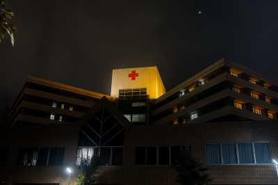 熊本赤十字病院のオレンジライトアップの様子