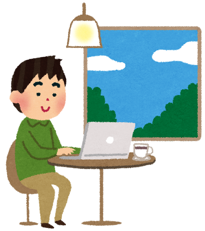 カフェで仕事・勉強をしている男性のイラスト